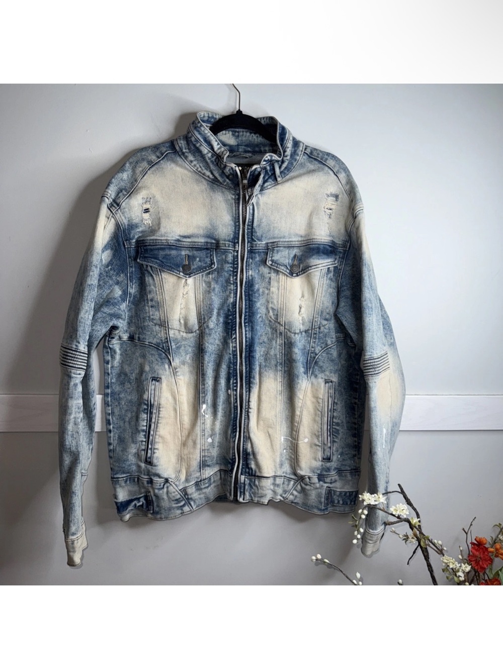 Smoke Rise Denim Detailed Jacket Blue Acid Wash Denim Distressed Paint Sz 3XL